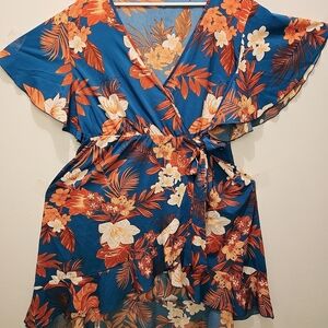 Floral Kimono Dress in Blue and Orange